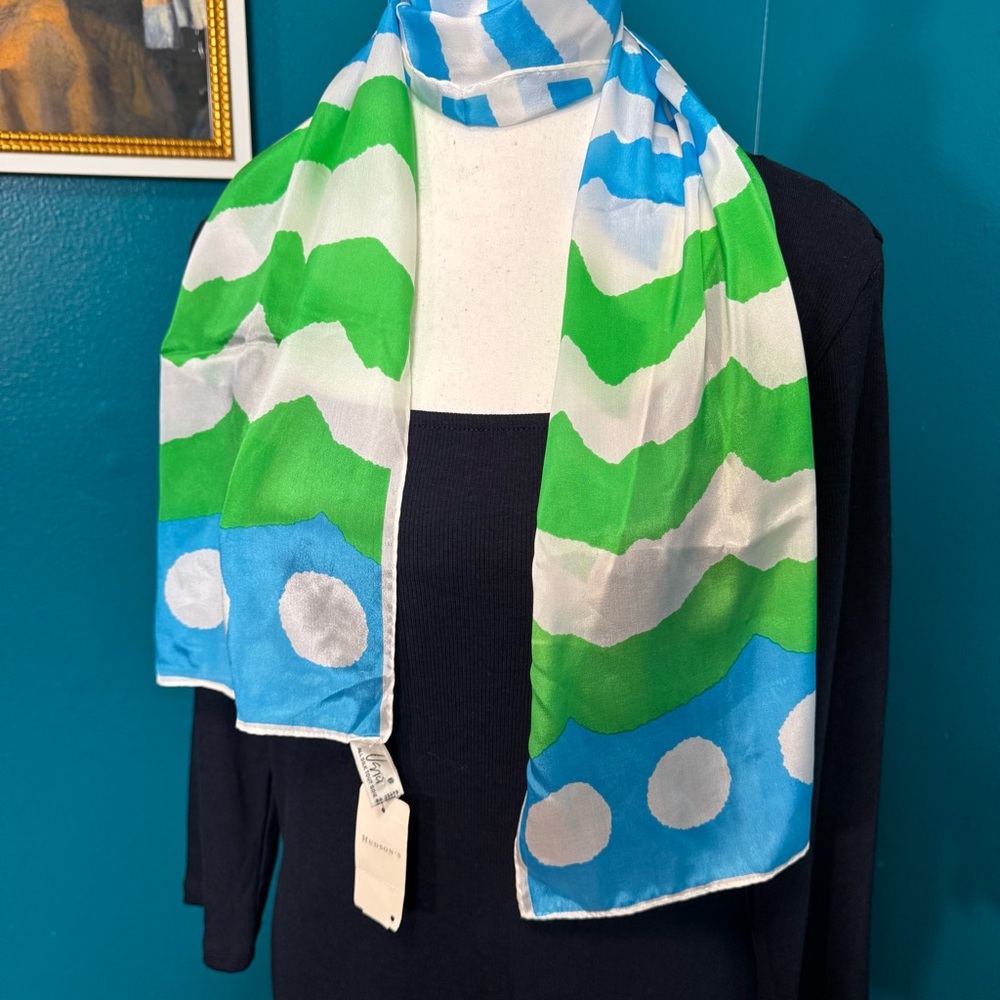 Vintage 90s Usna Green Blue White Silk Scarf Polka Dot Stripes 52”